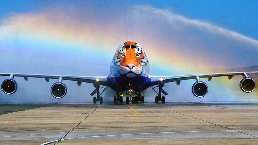 Первый "полосатый" рейс авиакомпании Трансаэро на Боинге-747 "Тигролёт"